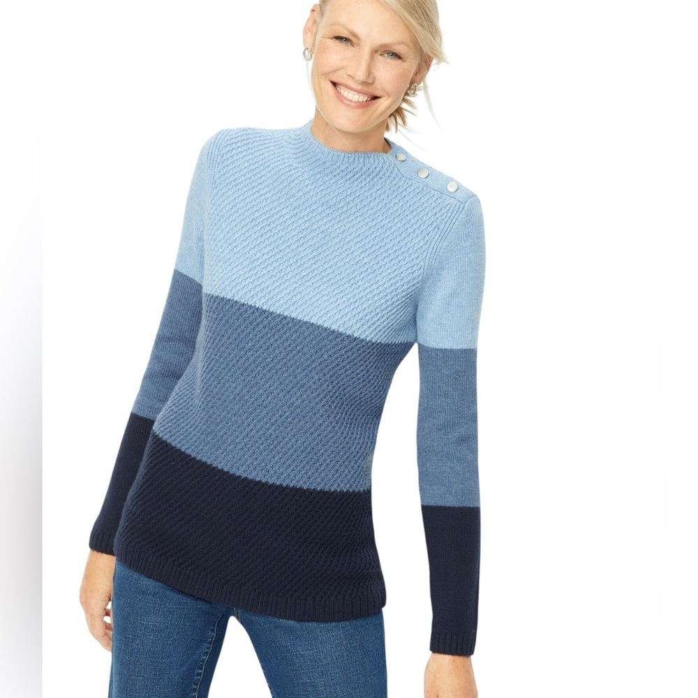 Talbots Mockneck Colorblock Sweater Size Large Blue Button Trim Cotton Blend L